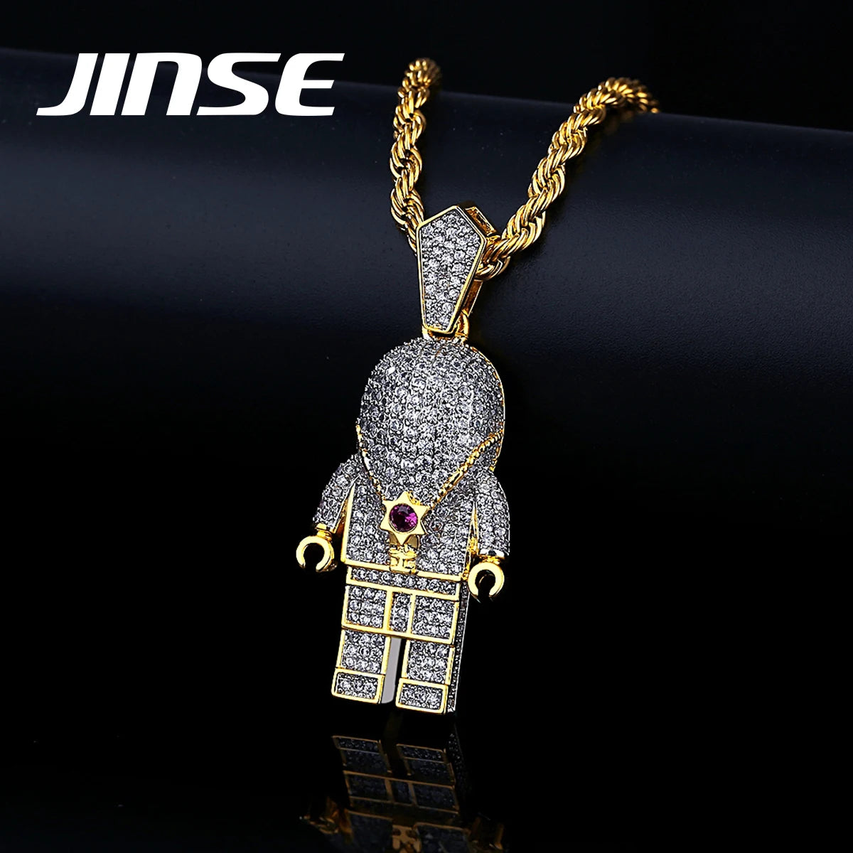 JINSE New Design Gold Plated Hip Hop Cubic Zirconia Cartoon Pendant Mens Necklace Jewelry
