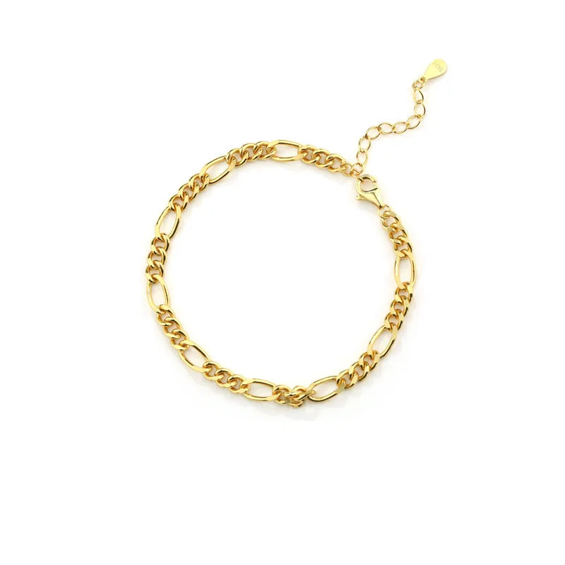 Fashion Jewelry 925 Sterling Silver Gold Plated Bracelets Minimalist Plain Figaro Chain Bracelets for Women