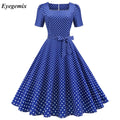 Elegant Polka Dot Vintage Midi Dress for Women Summer Short Sleeve Square Collar A-Line Party Sundress 50s 60s Style Plus Size