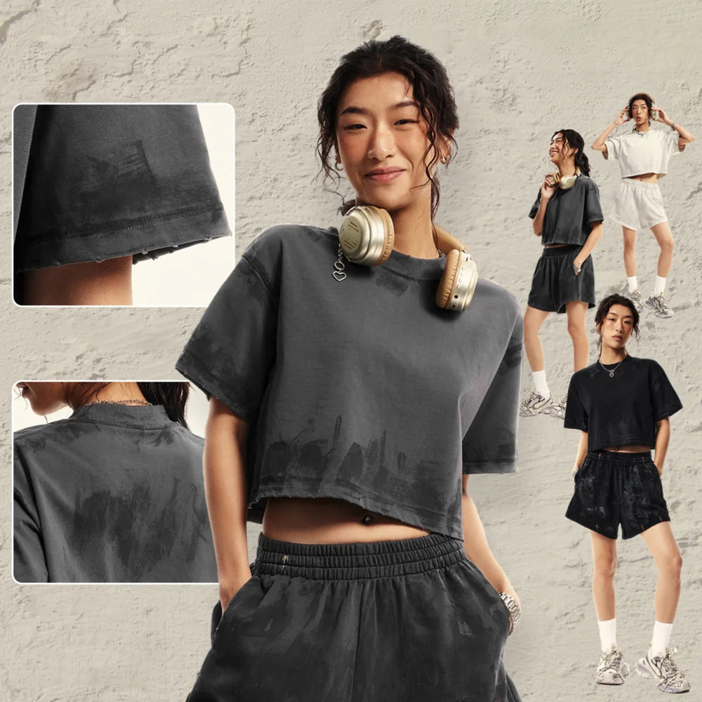 Lady Washed Tshirt Vintage Cotton Boxy Fit Cropped Acid Wash T Shirt Women Women's Oversize Cropped T-Shirt for Women Girls