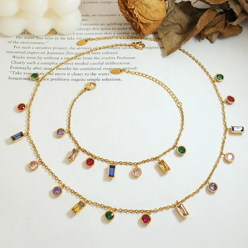 2025 Newest 2 Pcs/set Gold Plated Stainless Steel Link Chain Bracelet Iced Out Zircon Cz Geometric Necklace for Jewelry Sets
