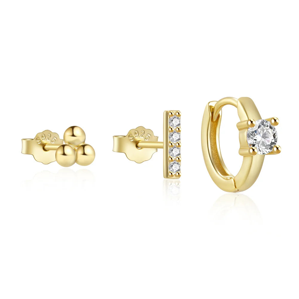Fashion Earrings Set Jewelry 925 Sterling Silver Geometric Round Bead bar Shape Round Diamond Zircon Gold Plated Hoop Earrings