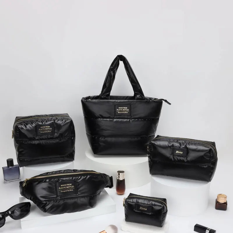 Custom Wholesale Quilted Eiderdown PU Label Black RPET Cosmetic Makeup Bag