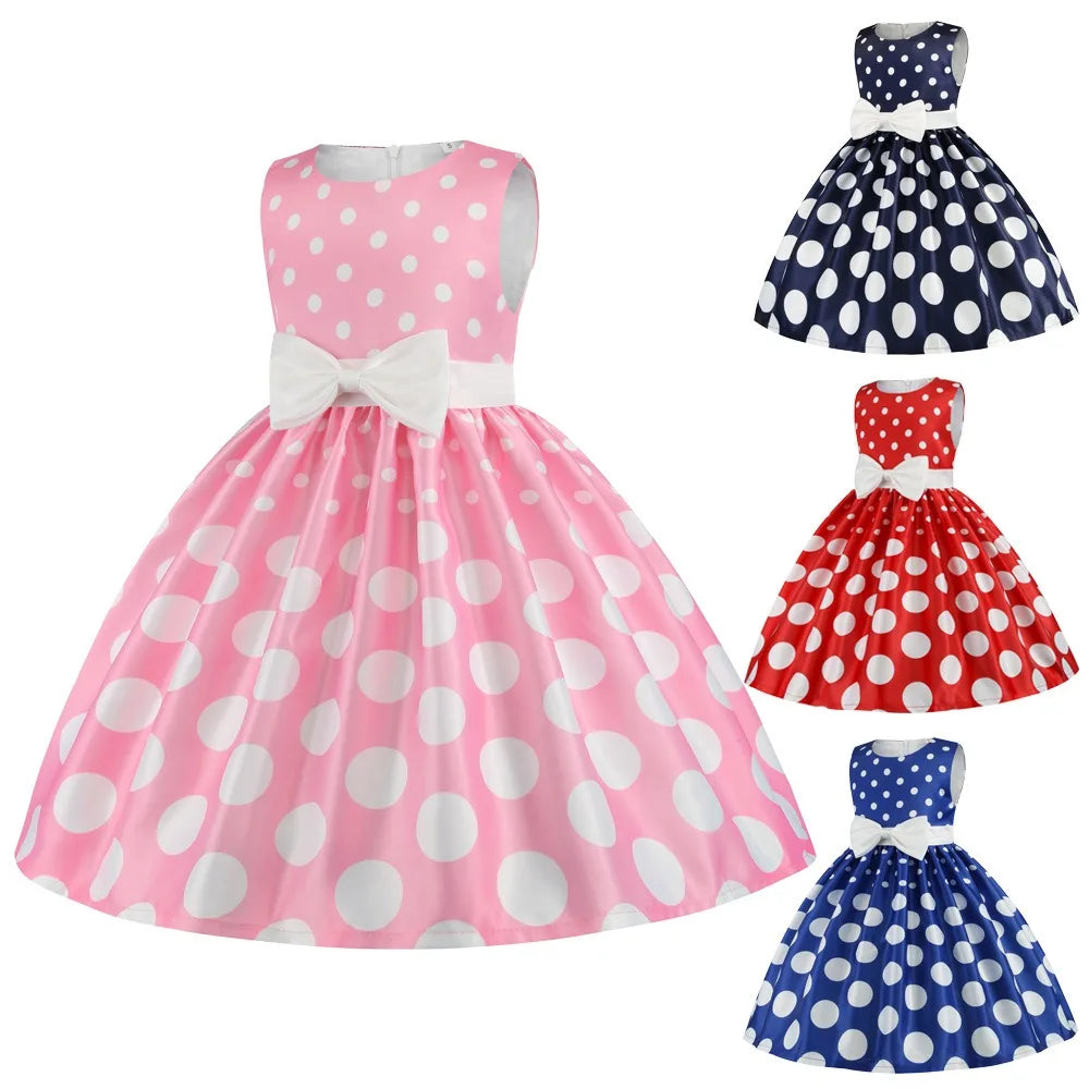 Kids Party Birthday Dress Polka Dot Princess Bowknot Sleeveless Dresses European Girls Skirt Festival Banquet for Children C0064
