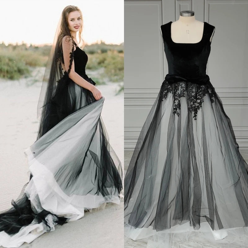 15448# Real Photos Black Square Collar Appliques Beading Tulle Low Back A-line Wedding Dress Bridal Gown for Women Gothic Style