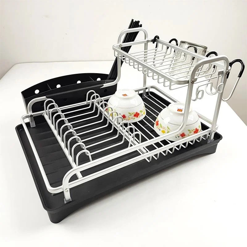 2 Tier Aluminum Kitchen Dish Drying Rack Sink Dish Drainer Rack With Utensil Holder
