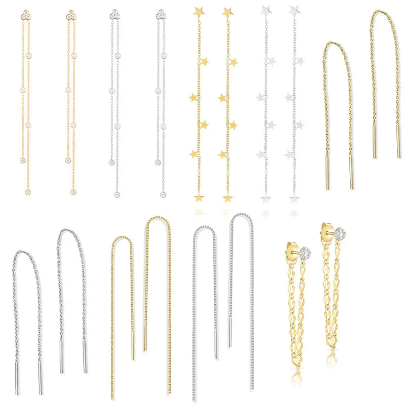 Quality Wholesale 925 Sterling Silver Mini Pentagram Tassels Chain Earring Simple Round Zircon Tassels Earring for Women