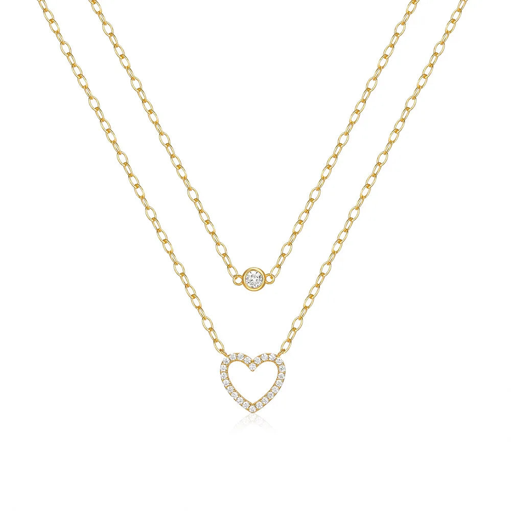 Fashion Heart Design Charm Jewelry 925 Silver Zircon Necklace Gold Plated Chain Double Layer Necklace for Women
