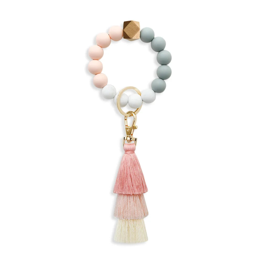 Bohemian Custom Printed Colorful Silicone Wrist Keychain Clasp Elastic Tassel Silicone Beads Wristlet Keychain