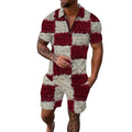 Premium Men's New Summer Fashion Breathable Fuzzy Checkerboard Print Two Piece Set Zip Polo Shirt & Shorts Casual Outfit