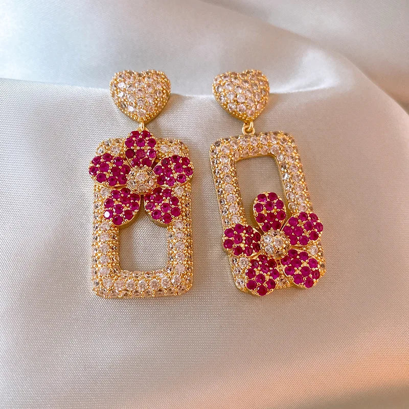 New Fashion Design Luxury Flower Shape Drop Pearl Rhinestone  Dangle Crystal Wedding Bride Earrings for Women