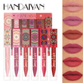 HANDAIYAN 6 Colors Matte Lipgloss Set Bohemian Printed Square Tube Non-stick Cup Vegan Makeup Cosmetics