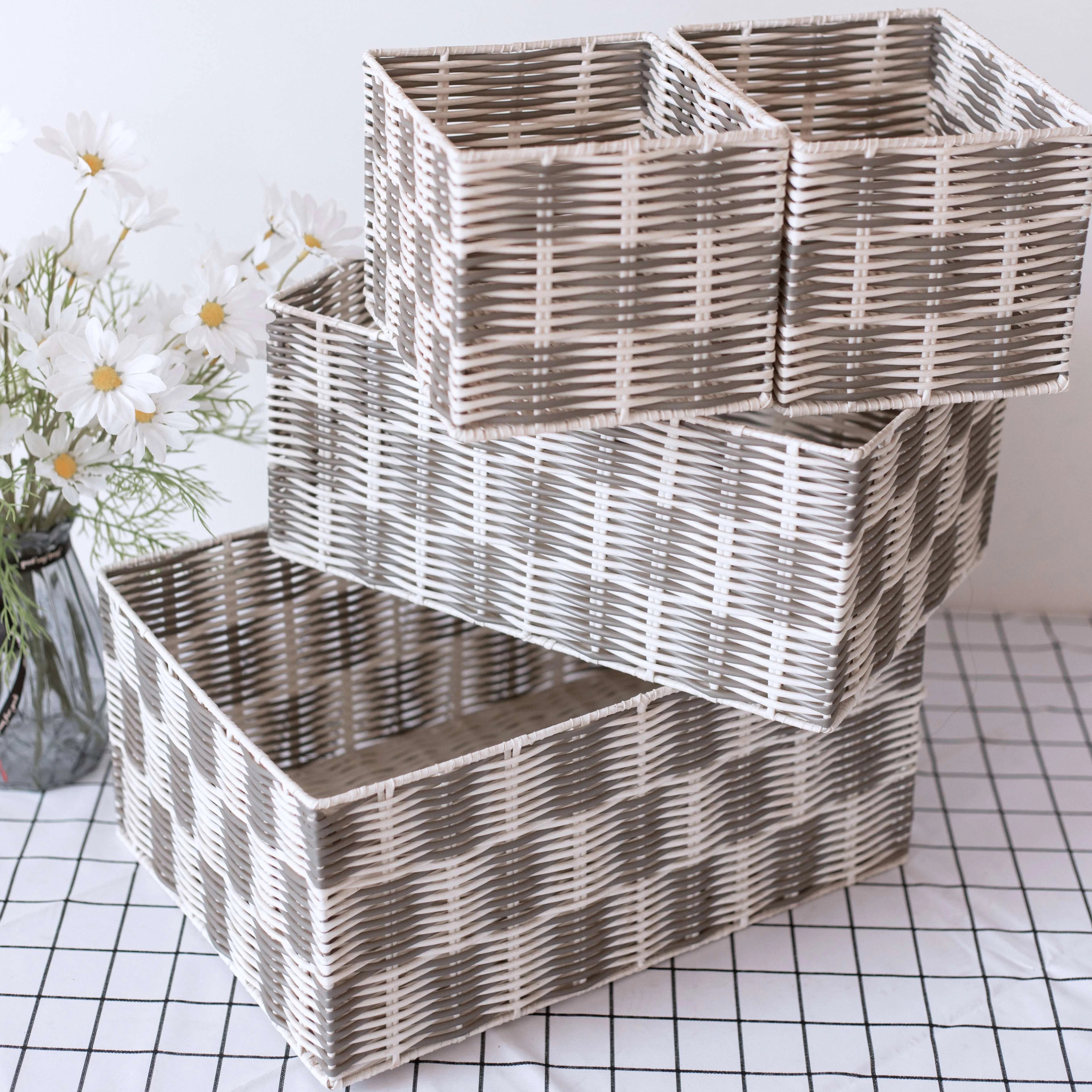 Handmade PP Rattan Strap Woven Storage Basket Rectangular Sundries Organizer Box for Home Decor