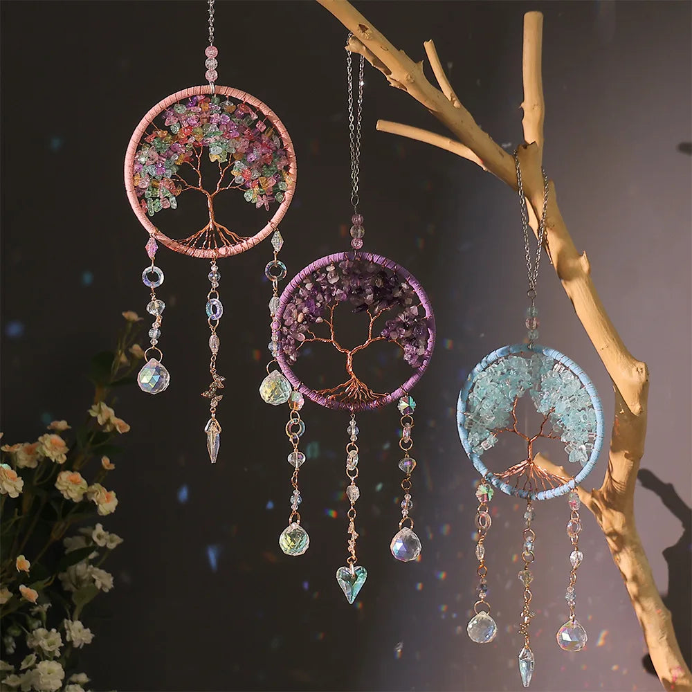 Handmade Natural Stones Crystal Sun Catcher Wholesale Home Decorative Windchimes Rainbow Maker Tree Life