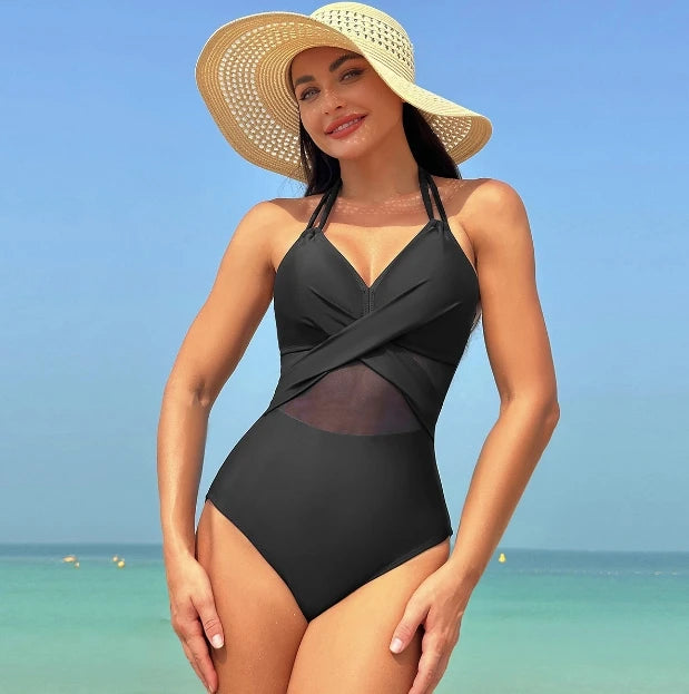 2024 Women's New European and American Solid Color One Piece Swimsuit Mesh Bikini Swimsuit Wholesale