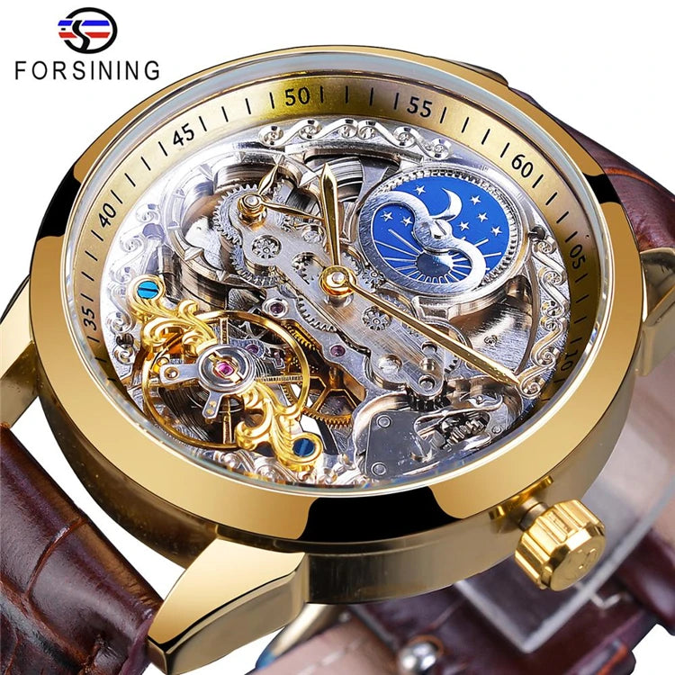 FORSINING GMT1195 Automatic Mechanical Watch Man Golden Clock Genuine Leather Strap Casual Waterproof Moon Phase Erkek Kol Saati