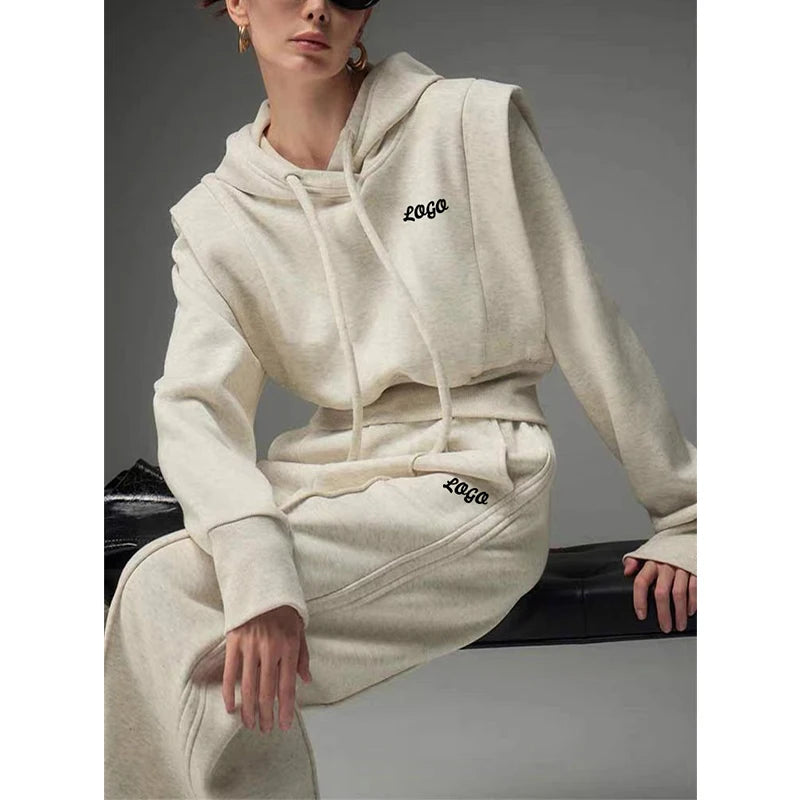 F230678 Custom Women 2 Piece Outfits Sweatsuit Set 2026 Raglan Sleeve Hoodie Wide Leg Sweat Jogger Pant Hoodie Set