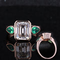 Starsgem Rose Gold Bezel Setting Emerald Cut Moissanite Diamond Pear Emerald Three Stone Ring
