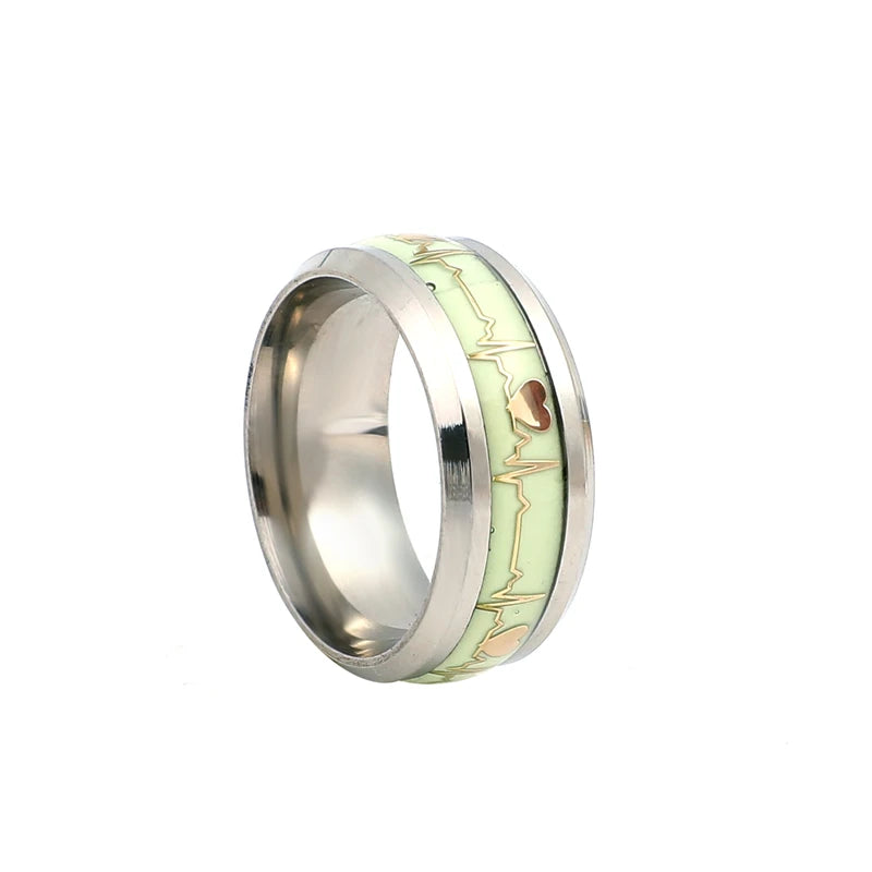 Silver Color Heart Beat Glow in the Dark Stainless Steel Men Ring