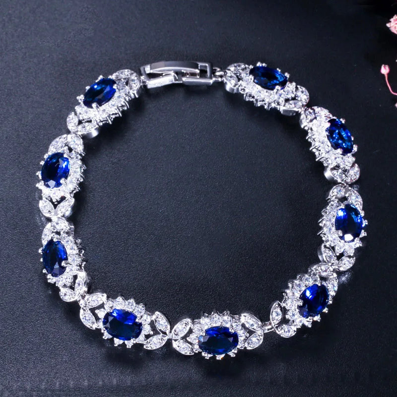 8 Colors Romantic Women Silver Plated Big Blue Cubic Zircon CZ Crystal Austrian Charm Bracelet for Women Friendship Jewelry Gift