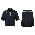 Lady Vintage Solid Suit Turn-down Collar Short Sleeve Single-breasted Tops Mini Skirt Women Summer Knit 2Pcs