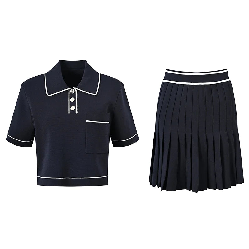 Lady Vintage Solid Suit Turn-down Collar Short Sleeve Single-breasted Tops Mini Skirt Women Summer Knit 2Pcs