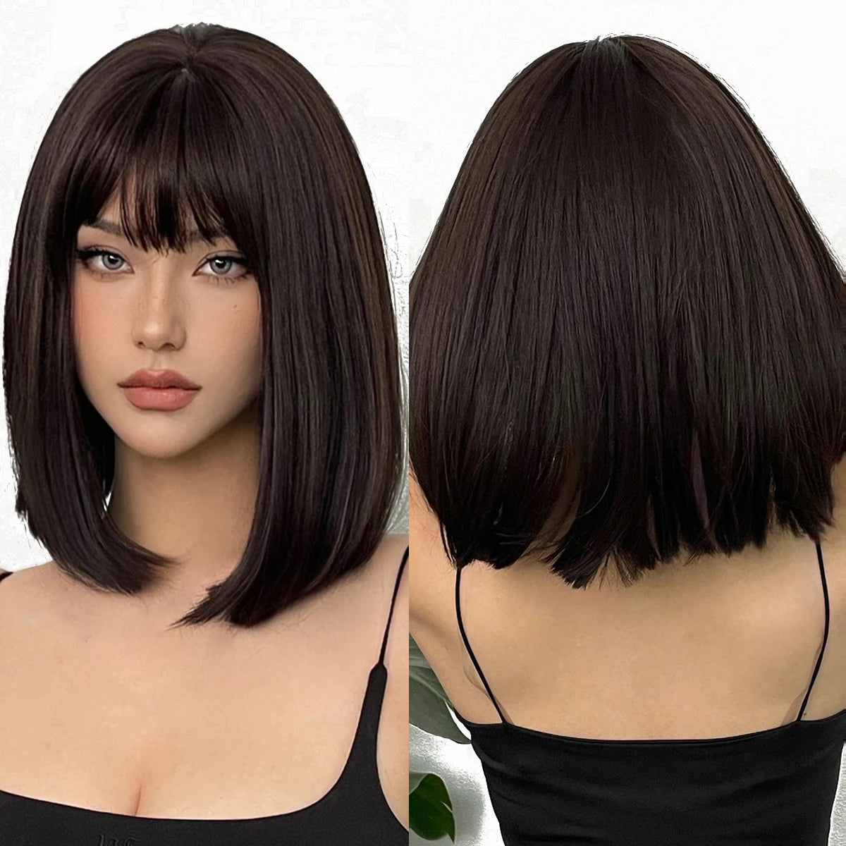 Factory Outlet Dark Brown Short Bob Synthetic Wigs With Bangs Straight Wig Natural Looking False Hair for Women Daily