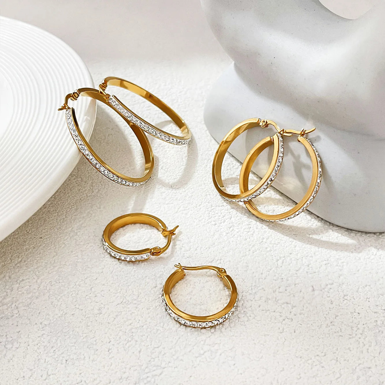 Maiou Simple Design Vintage 18K PVD Gold Plated Stainless Steel Rhinestone Diamond Hoop Earrings for Women