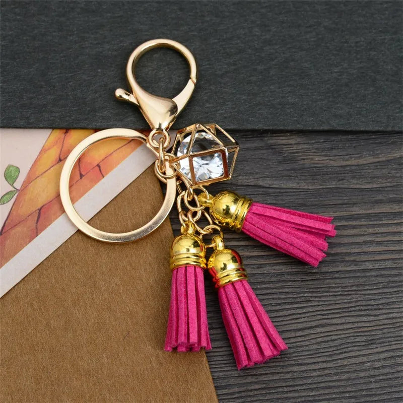 130 Colors Korean Suede Leather Tassel Pendant Keychain with Crystal Phone Bag Car Accessories Key Ring Tassels Charm Key Chain