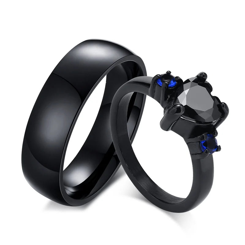Fashion Jewelry Wedding Rings Couple Ring Stainless Steel Black Gemstone Zircon Cast Heart Ring Men Gift