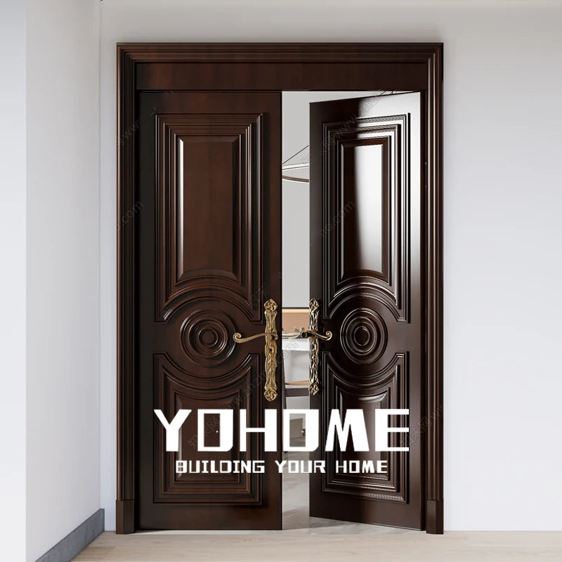 China Top Manufacturer Double Entry Apartment Flat Teak Wood Main Door Designs Outside Doors for Apartments Building Entry Doors