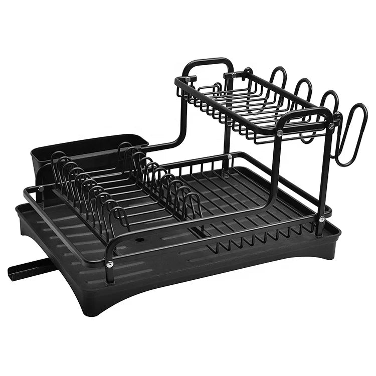 2-Tier Black Dish Drying Rack with Drainboard & Utensil Holder Detachable Metal Kitchen Countertop Organizer