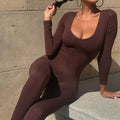 New European and American Women's Low Neck Tight Long Sleeve High Waist Solid Color Sports Fitness Jumpsuit