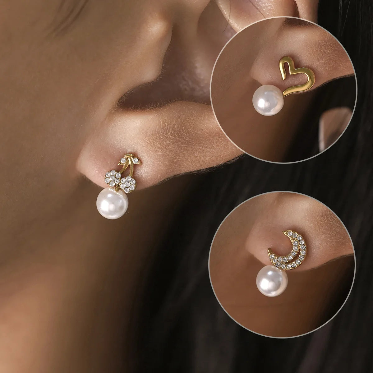 Creative Moon Heart Cherry Fashion Pearl Earrings Stainless Steel Jewelry 18k Gold Plate Zircon Stud Earrings