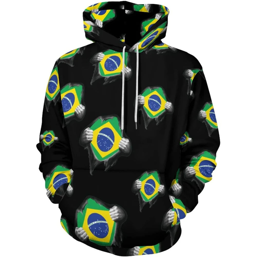 Fitspi Wholesale Custom Country Brazil Flag Casual Hooded Sweatshirt 3d Print Pullover Hoodies With Pocket for Men Women