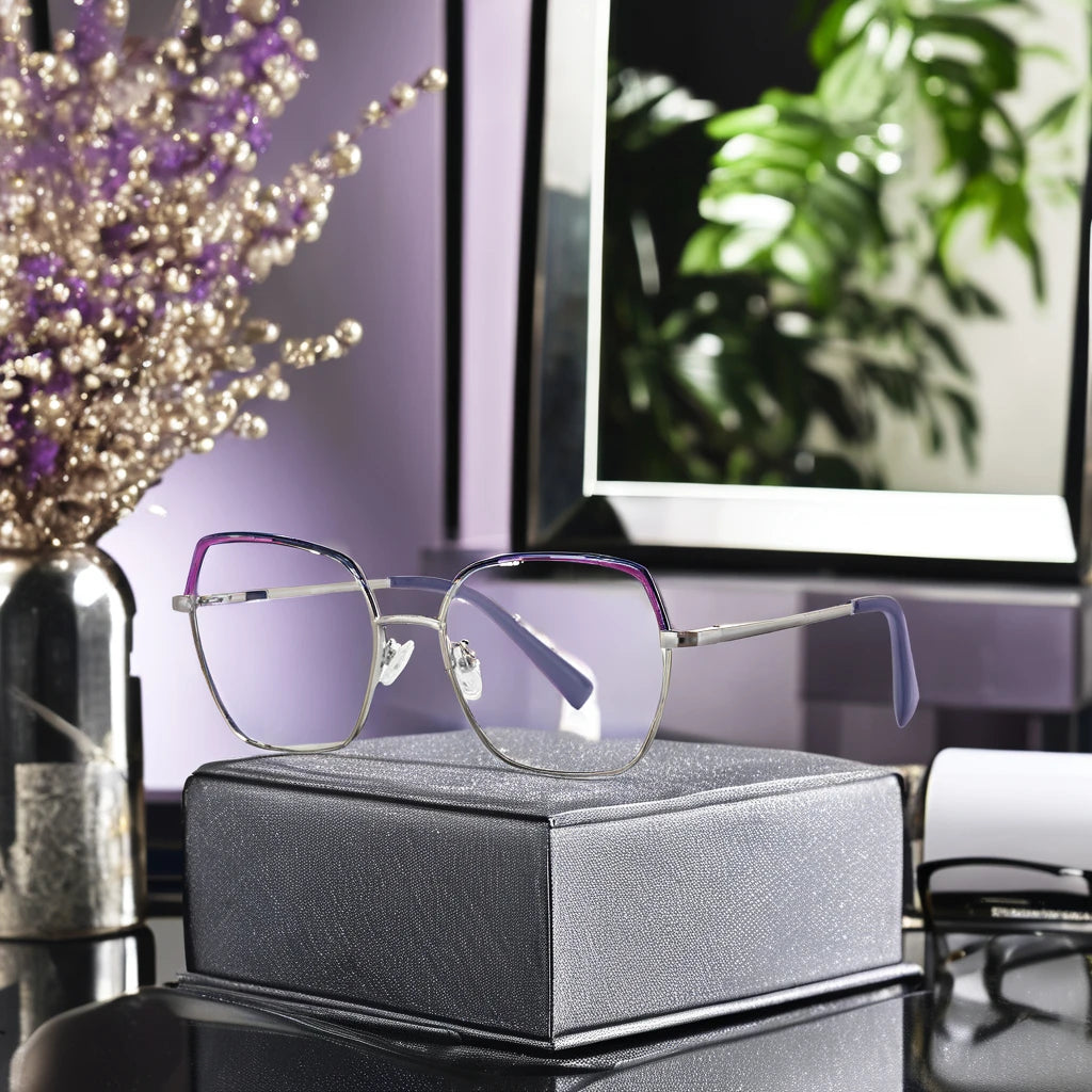 Visualmate Women's Alloy Metal Eyeglasses Frames Square Style Blue Block Double Color Spectacles Myopic Eyewear