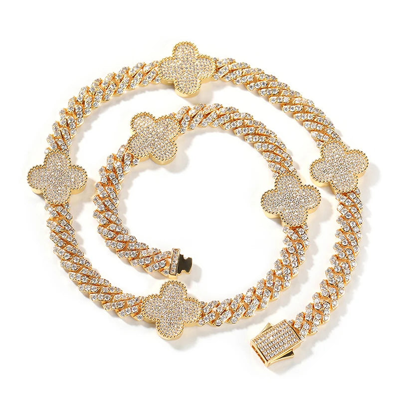 Mens  Hip Hop Gold Plated Diamond 8mm Cuban Chain Necklace Choker with Iced Out Four Leaf Clover Bracelet Chain High Quality