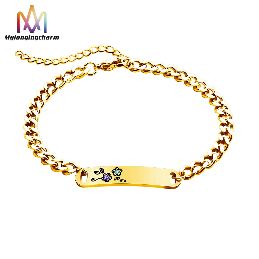 Women Men Adjustable Stainless Steel Jewelry Bangles Birthstone and Birth Flower Engraved Bracelet