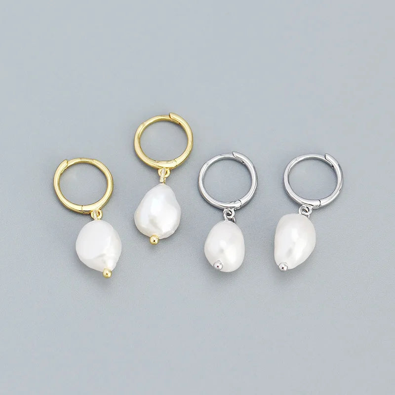 Fashion 925 Silver Irregular Baroque Freshwater Pearl Drop Hoop Earrings Gold Plated New Pearl Earrings for Women