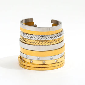 Fenny 18K PVD Plated Wholesale Waterproof Fashion Smooth Zirconia Herringbone Cuff Stainless Steel Jewelry Bracelet for Women