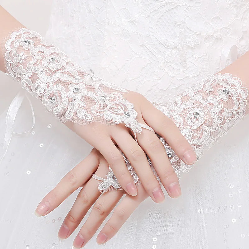 S150A 2026 New Bride Long Flower Rhinestone Embroidered Fingerless Wedding Lace Gloves Bridal White Gloves