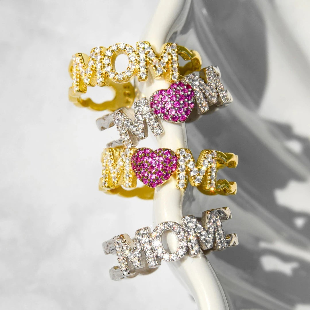 CAOSHI Personalized Mother's Day Mom's Ring Birthday Gift Pink Heart Rings for Women Silver Gold Color Adjustable Open Love Ring