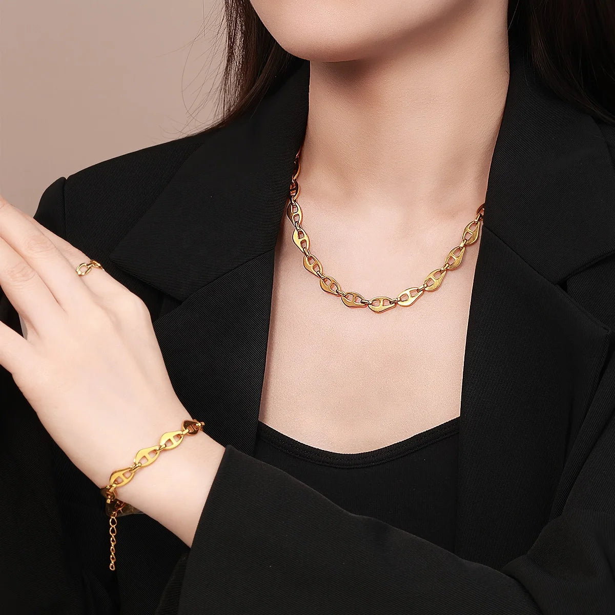 Trendy Stainless Steel Thick Chunky Pig Nose Coffee Bean Shape Chain Necklace Bracelet Set