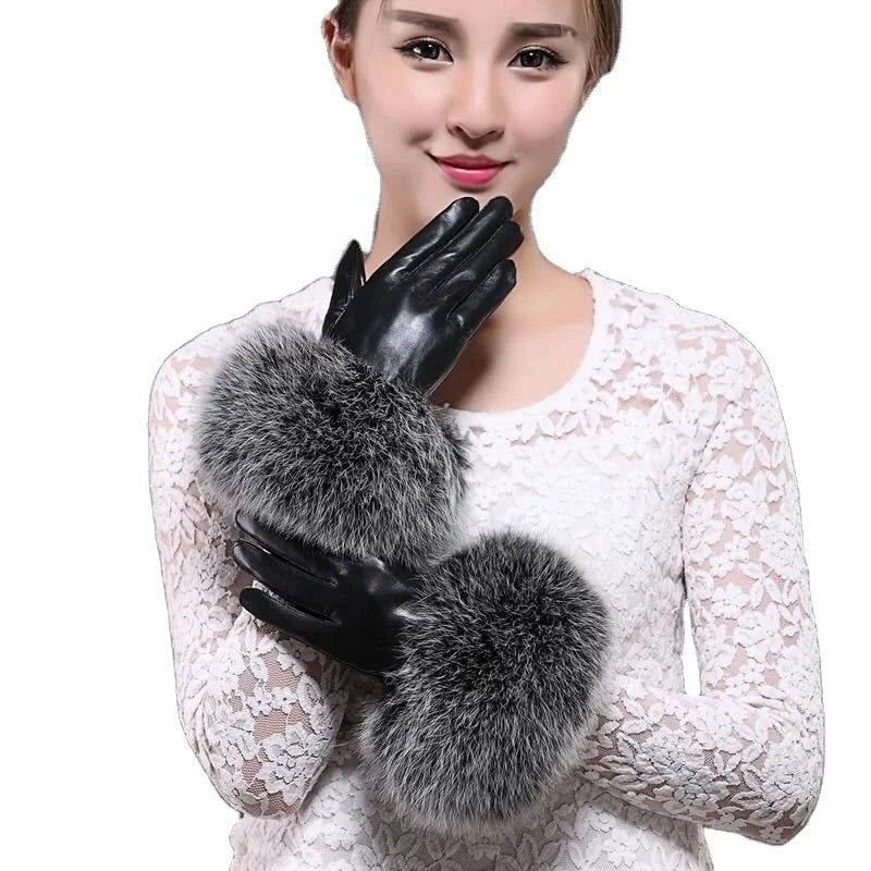 Women's Sheepskin Leather Fox Fur Winter Luxury Gloves Plain Green Palm Design Daily Party Use S/M/L/XL Sizes