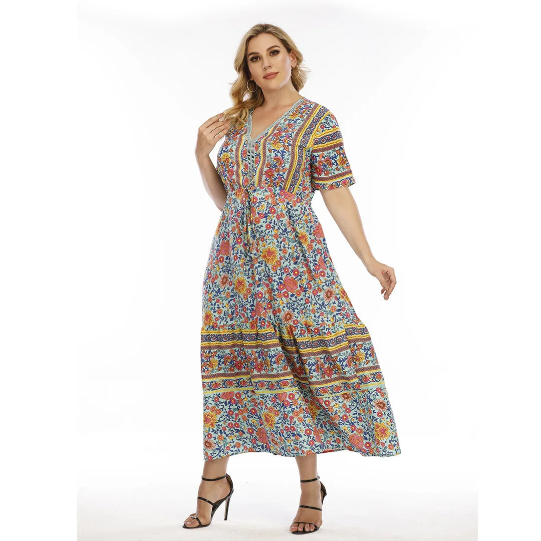 Hot Selling Women's Oversized Vintage Floral Dress Bohemian Lace V-Neck Long Skirt