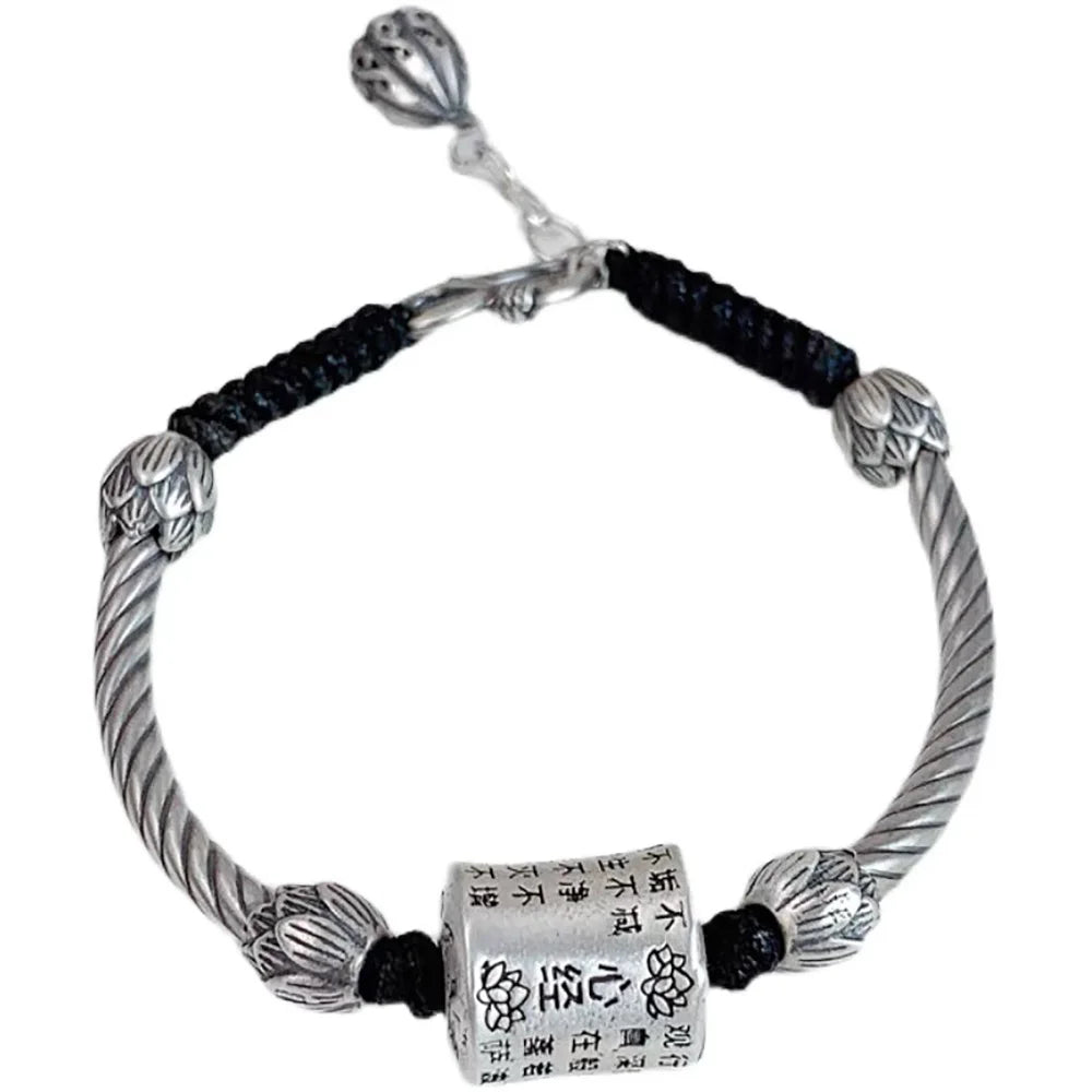 Mantra Bracelet 999 Pure Silver Six Words OM Charm With Hand Braided String Cords Adjustable Lotus Fashion Ethnic Style Jewelry