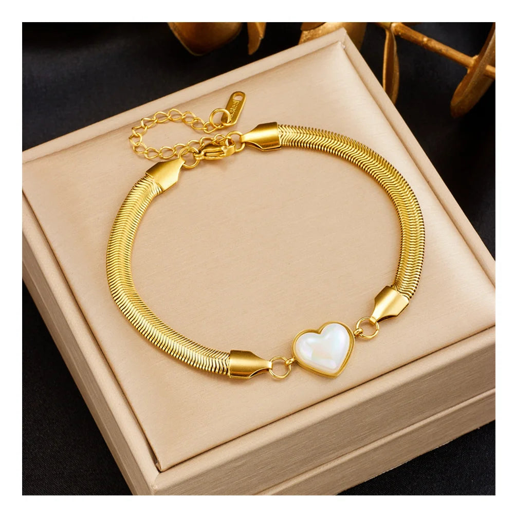 New Trendy Tarnish Free 18k Gold Plated 316L Stainless Steel Heart Pearl Snake Chain Bracelets for Women Jewelry