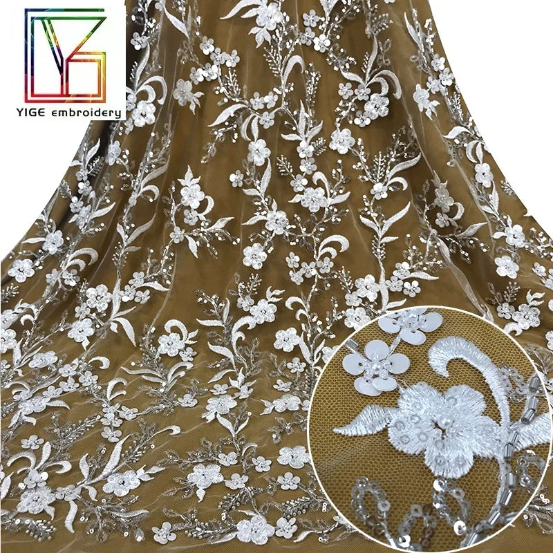 New Pattern White French 3d Beaded Pure White Large Sequins Lace With Pearls Crystal Tube Glass Beads Wedding Bridal Lace Dress