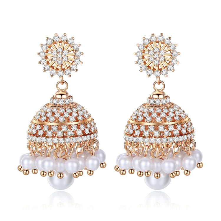 Vintage Indian Brass AAA Zircon Jhumki Earrings Creative Pearl Wind Chime Fashion Drop Jewelry for Women