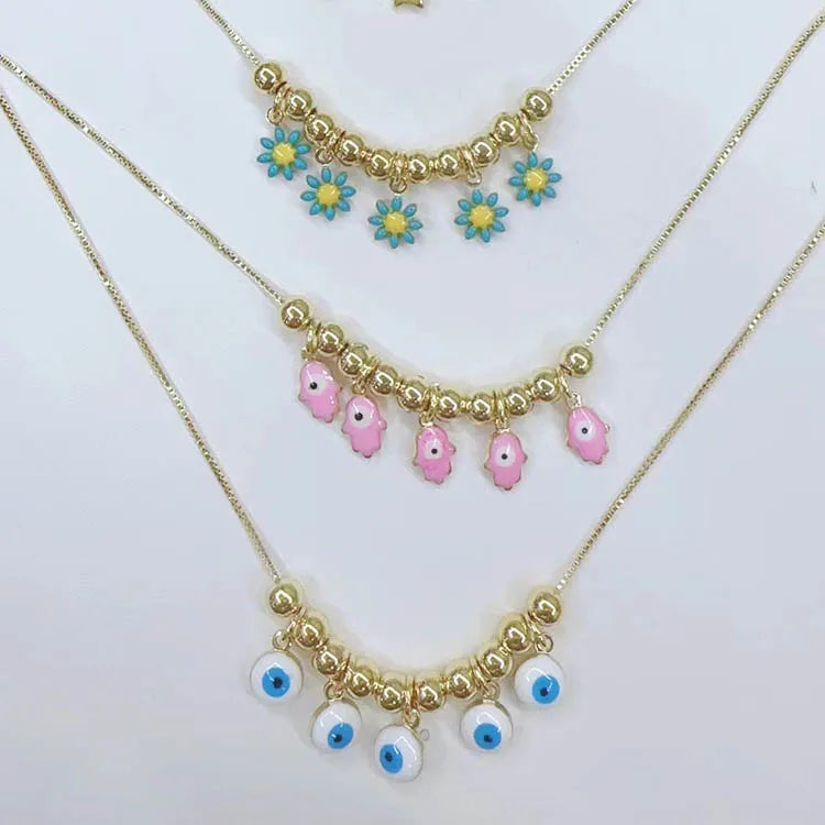 NM1271 Dainty Rainbow Jewelry Gold Plated Enamel Multicolor Daisy Evil Eyes Star Round Charms Pendant Chain Statement Necklace